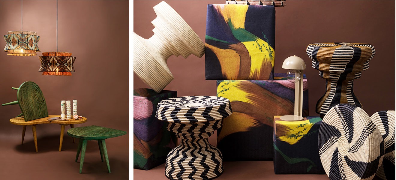 The Duab Side Table and coffee table with Liz pendant lights; The Bright side tables woven in Ilala Palm by the Bambizulu artisans.